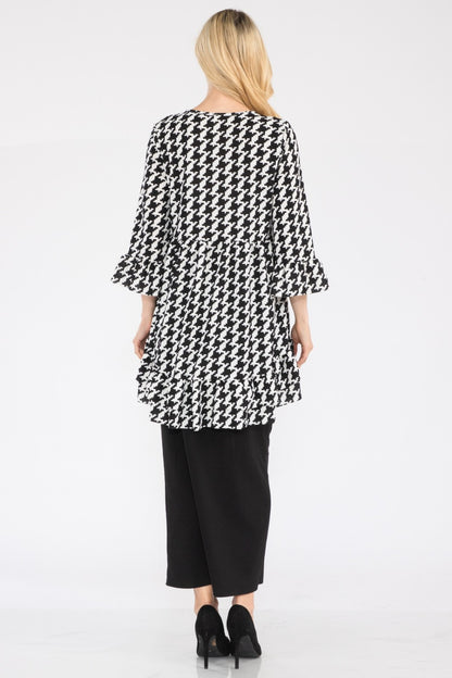 Black Celeste Houndstooth flounce sleeve high-low blouse with ruffle hem, stylish shirts and blouses from Celeste Clothing.