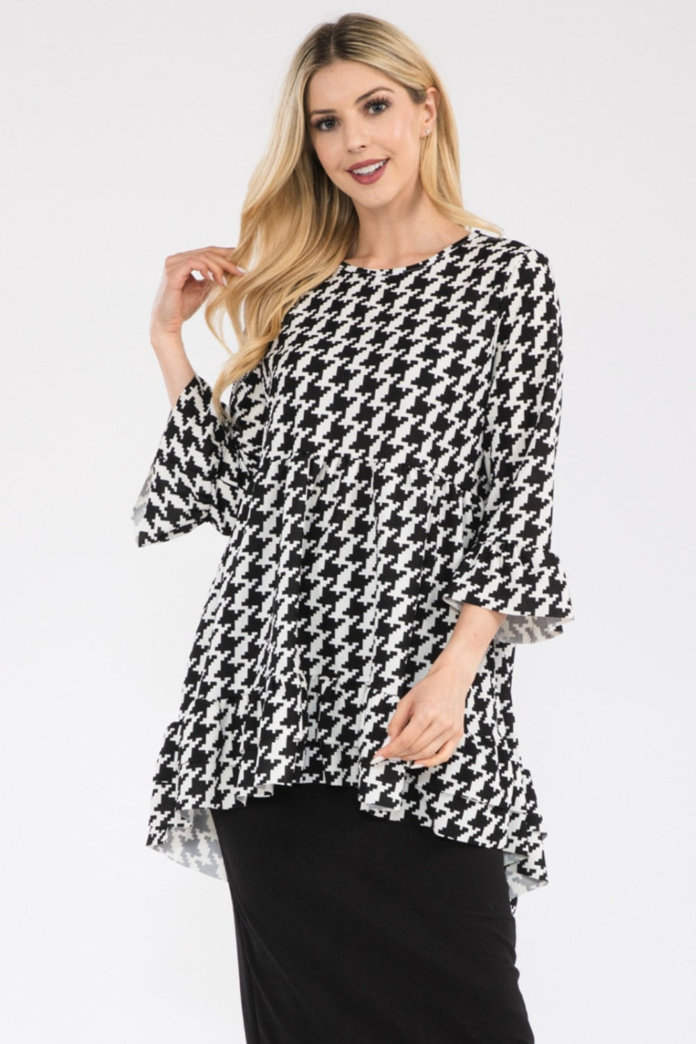 Celeste Clothing houndstooth high-low blouse with flounce sleeves and ruffle hem, stylish shirt for casual or dressy wear.