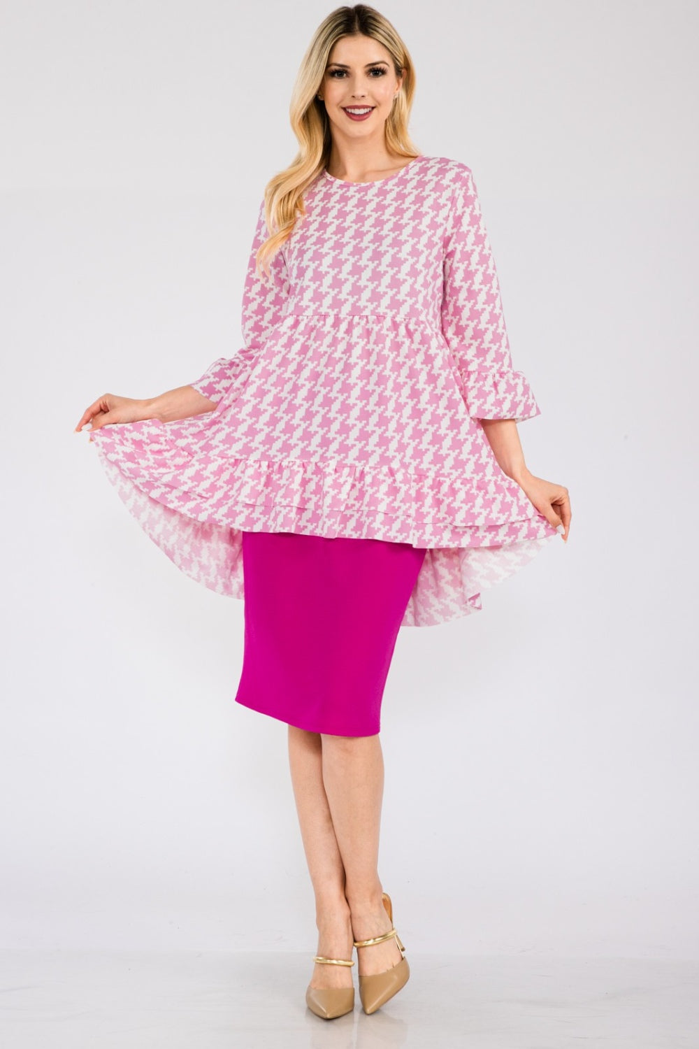 Black Celeste Houndstooth Flounce Sleeve Ruffle Hem High-Low Top, stylish shirt with flared sleeves and ruffle details from Celeste Clothing.