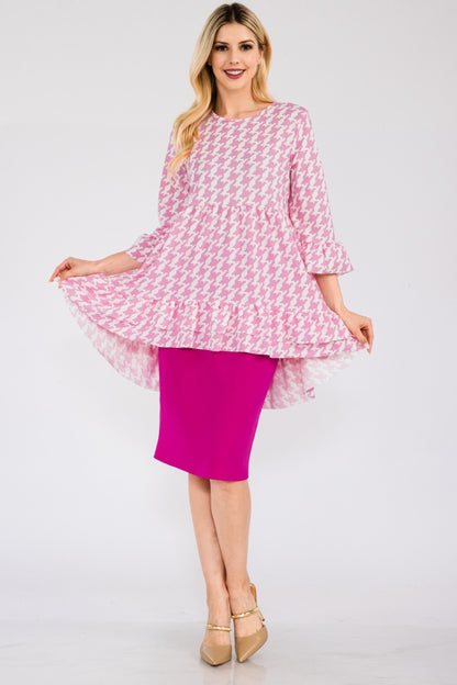 Black Celeste Houndstooth Flounce Sleeve Ruffle Hem High-Low Top, stylish shirt with flared sleeves and ruffle details from Celeste Clothing.