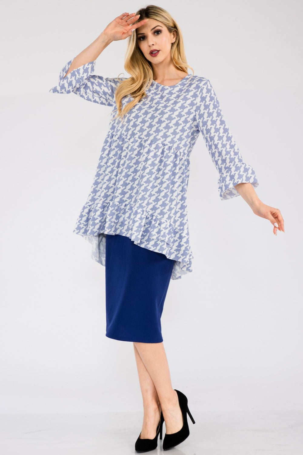 Black Celeste houndstooth high-low blouse with flounce sleeves and ruffle hem, stylish shirt from Celeste Clothing.
