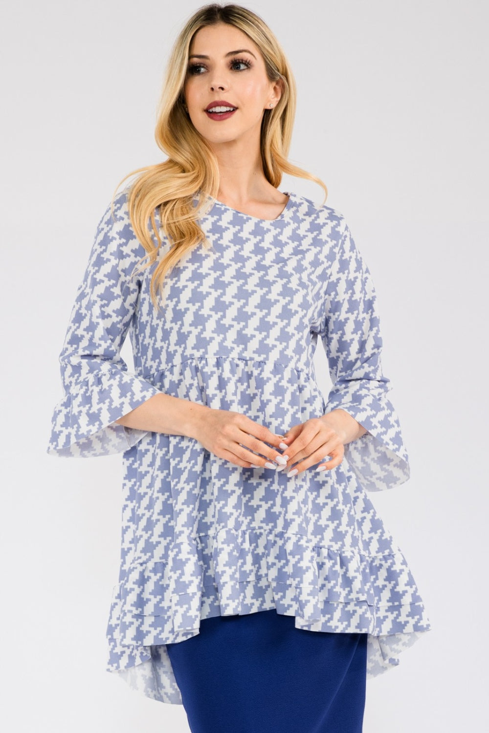 Celeste Clothing black houndstooth flounce sleeve high-low blouse with ruffle hem, stylish shirts and blouses for women.