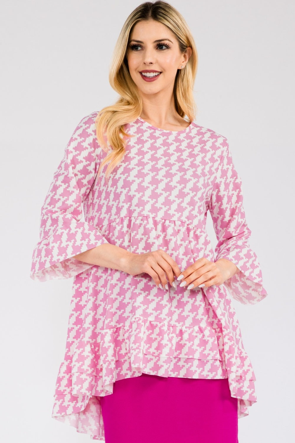 Black Celeste Houndstooth flounce sleeve high-low blouse with ruffle hem, stylish shirt from Celeste Clothing.