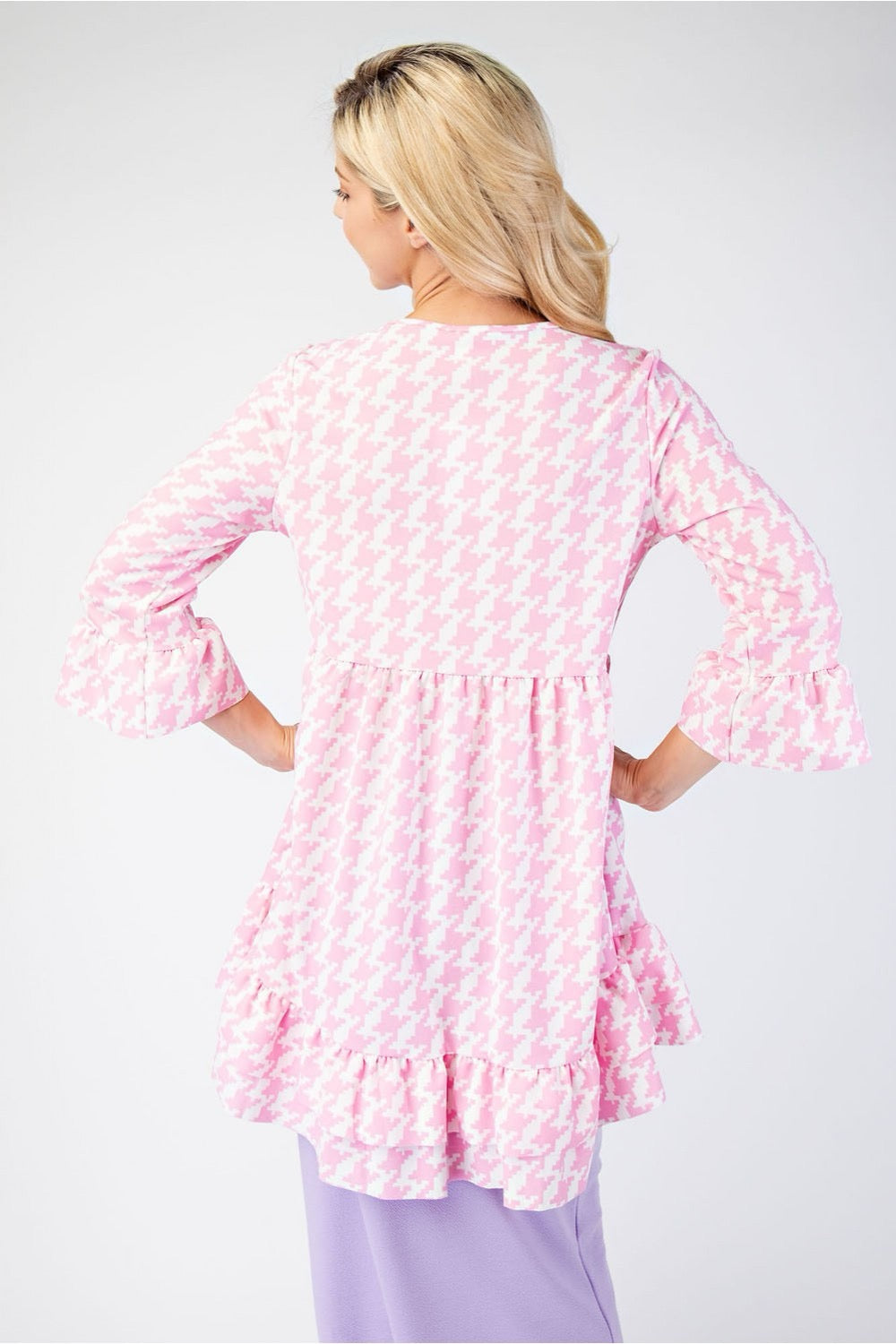 Black Celeste houndstooth flounce sleeve high-low blouse with ruffle hem, stylish shirt from Celeste Clothing.