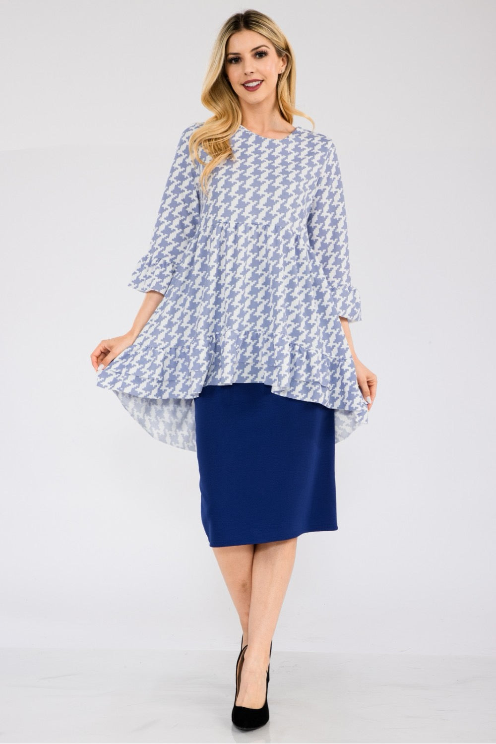 Black Celeste Houndstooth Flounce Sleeve Ruffle Hem High-Low Top from Celeste Clothing, stylish shirt with flared sleeves and ruffle details.