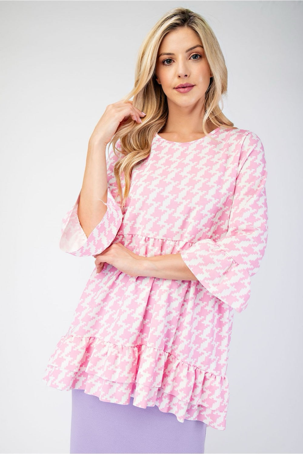 Celeste Clothing houndstooth flounce sleeve high-low blouse with ruffle hem, stylish shirt for women, black and white pattern.