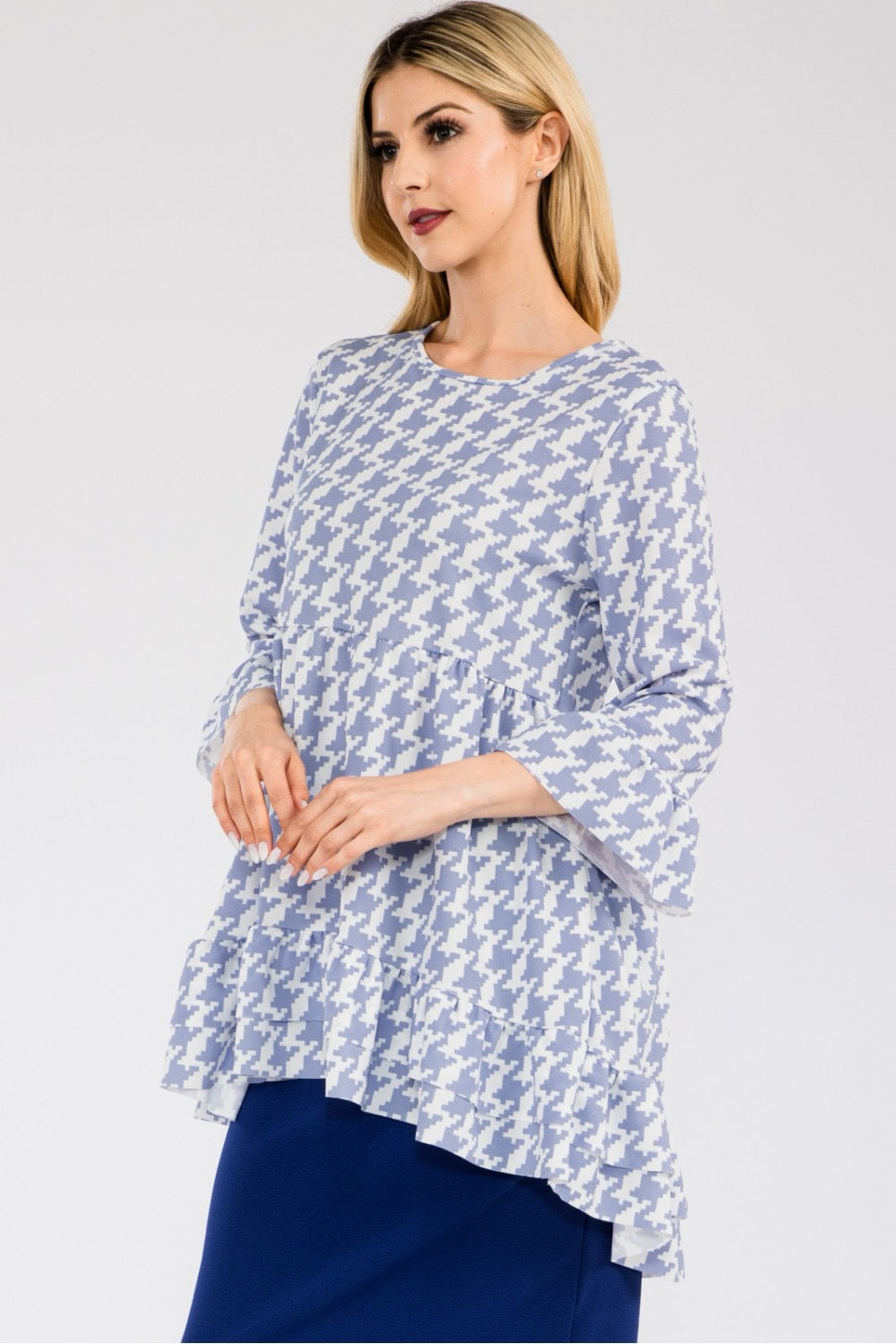 Celeste Clothing black houndstooth high-low blouse with flounce sleeves and ruffle hem, stylish shirts & blouses for women