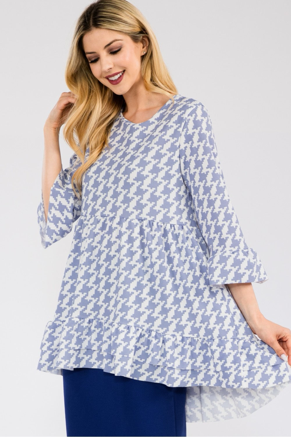 Black Celeste Houndstooth Flounce Sleeve Ruffle Hem High-Low Top, stylish blouse with dramatic sleeves and ruffle details.