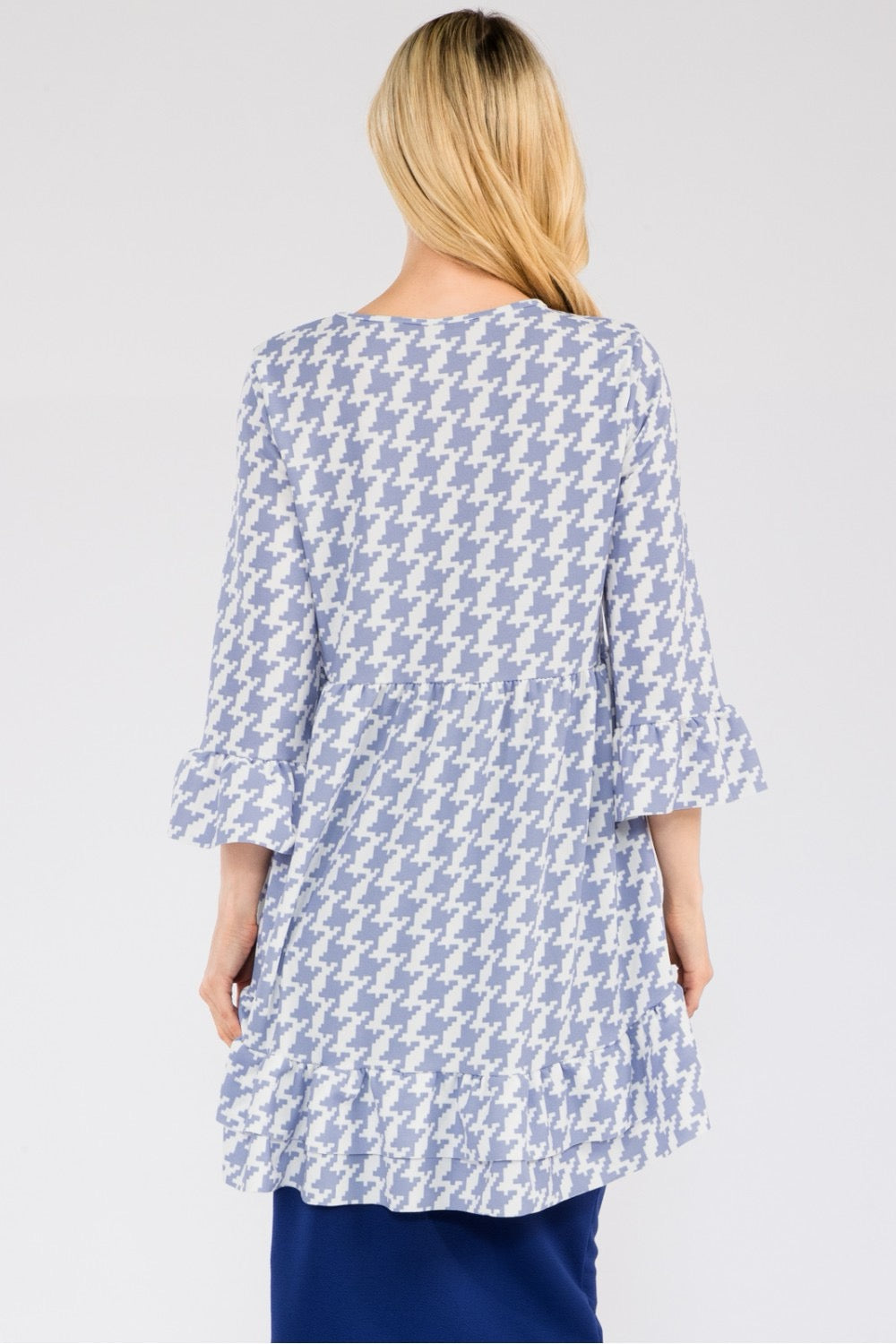 Black Celeste Houndstooth Flounce Sleeve Ruffle Hem High-Low Top, stylish shirt with flouncy sleeves and ruffle hem from Celeste Clothing.