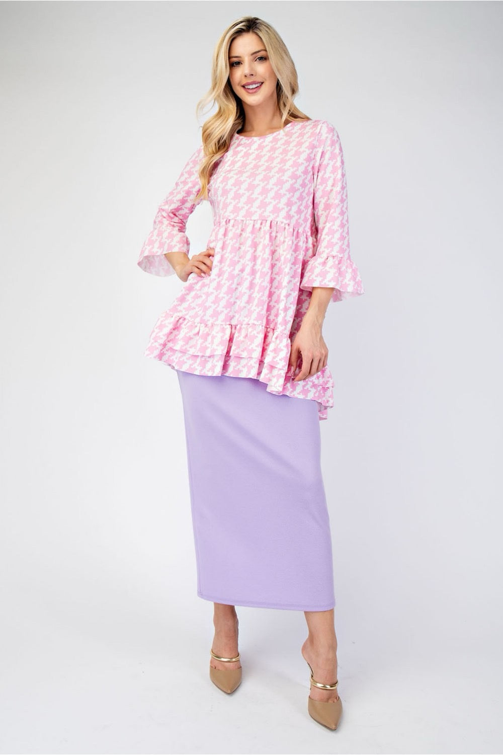 Black Celeste Houndstooth flounce sleeve high-low blouse with ruffle hem, stylish shirt from Celeste Clothing.