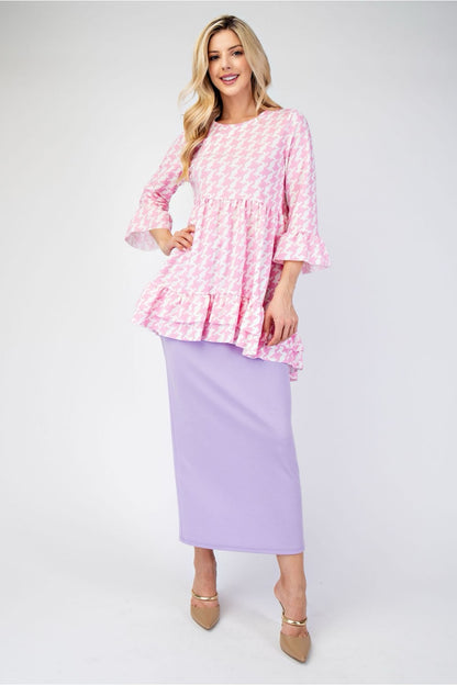 Black Celeste Houndstooth flounce sleeve high-low blouse with ruffle hem, stylish shirt from Celeste Clothing.