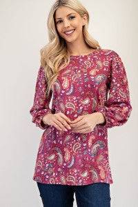Celeste Blue Paisley Bishop Sleeve Top, stylish blouse from Celeste Clothing, featuring bishop sleeves and a vibrant paisley pattern.