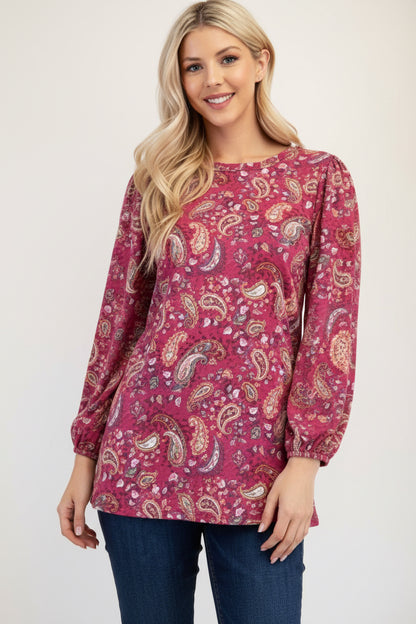 Blue Paisley Bishop Sleeve Top from Celeste Clothing, a stylish blouse with flowy sleeves and intricate paisley pattern.