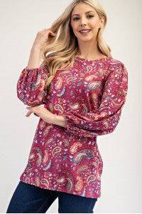 Blue paisley bishop sleeve top from Celeste Clothing, a stylish shirt or blouse with elegant bishop sleeves.