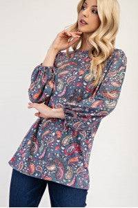 Celeste Clothing blue paisley bishop sleeve top, stylish shirt blouse with flowy sleeves and intricate paisley pattern.