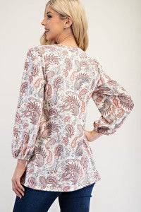 Celeste blue paisley bishop sleeve top from the Shirts & Blouses collection, featuring a stylish and flowy design.
