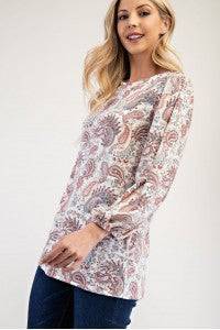 Celeste Clothing blue paisley bishop sleeve top, stylish blouse with flowy sleeves, perfect for casual or dressy occasions.