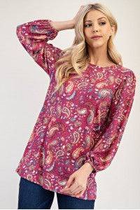 Blue paisley bishop sleeve top from Celeste Clothing, stylish blouse with flowy sleeves and intricate pattern.