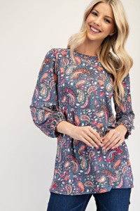 Celeste Clothing blue paisley bishop sleeve top from the Shirts & Blouses collection, featuring a stylish and flowy design.