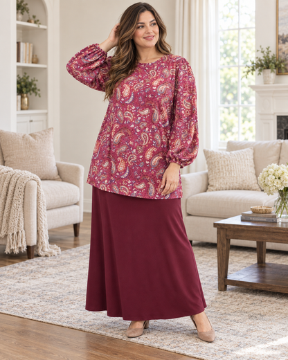 Burgundy paisley bishop sleeve blouse from Celeste Clothing, stylish shirt with flowy sleeves and intricate pattern.