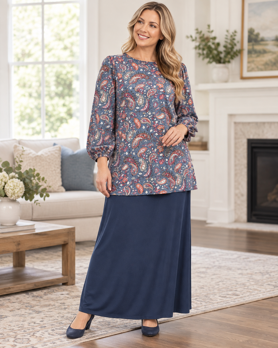 Blue Paisley Bishop Sleeve Top from Celeste Clothing, a stylish blouse with flowy bishop sleeves and intricate paisley pattern.