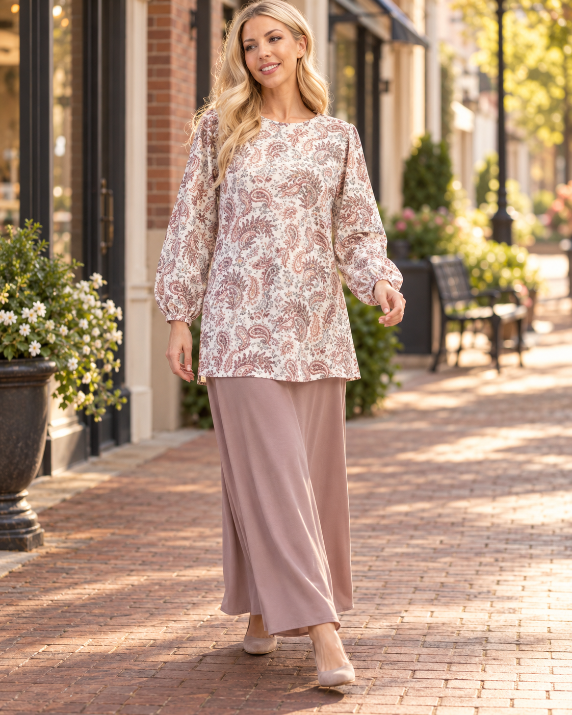 Ivory paisley bishop sleeve blouse from Celeste Clothing, stylish shirt with flowy sleeves and intricate pattern.