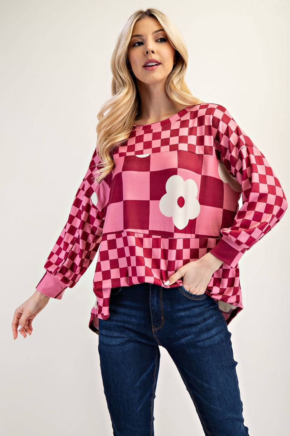 Fuschia colorblock checkered blouse by Celeste Clothing, stylish shirt with bold pattern and vibrant design.
