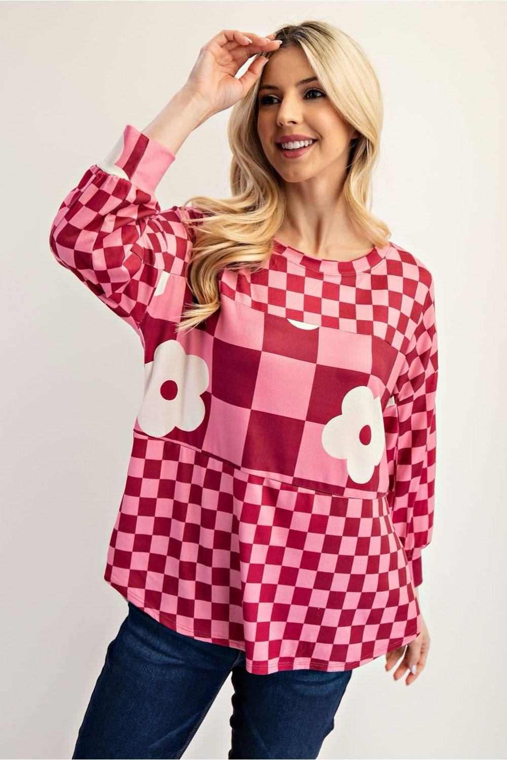 Fuschia colorblock checkered blouse by Celeste Clothing, stylish shirts and blouses with vibrant pattern and modern design.