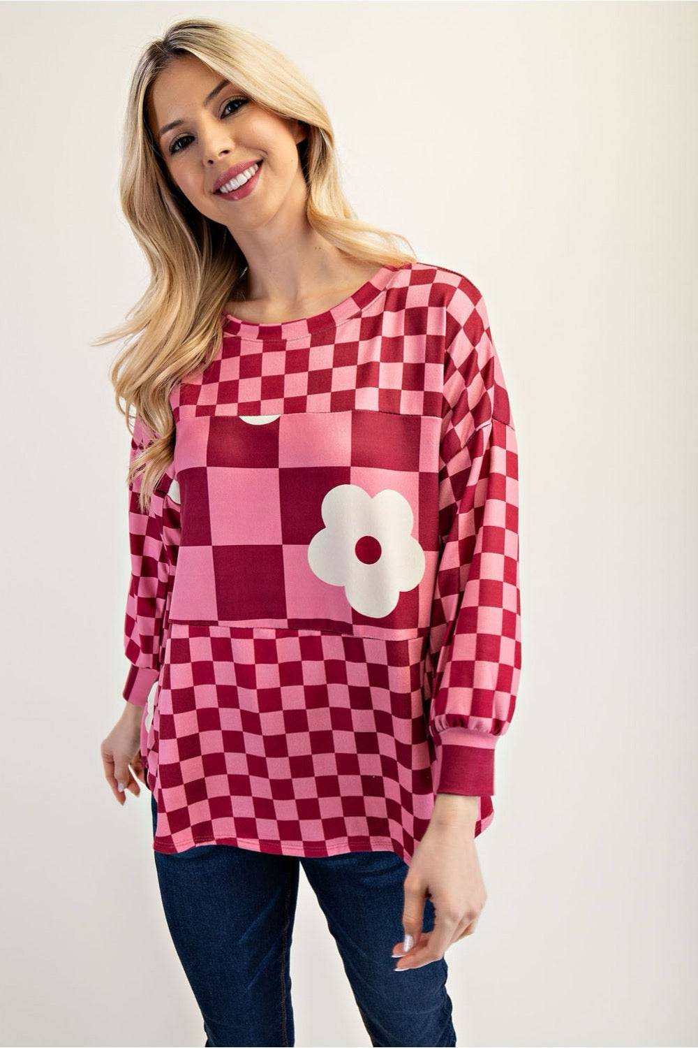 Fuschia colorblock checkered blouse by Celeste Clothing, stylish shirt with bold pattern and vibrant design.
