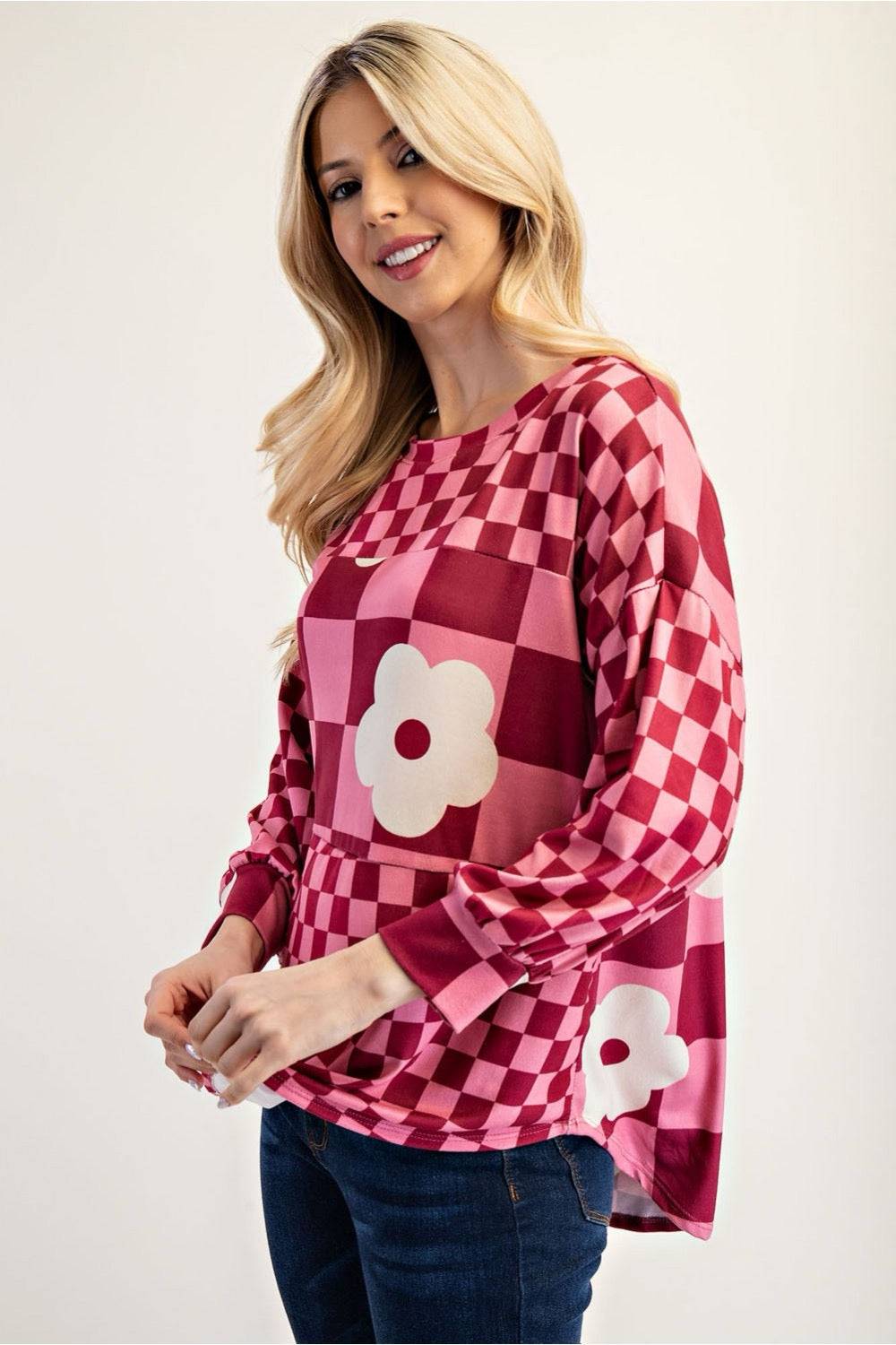 Fuschia colorblock checkered blouse by Celeste Clothing, stylish shirt with vibrant pattern and modern design.