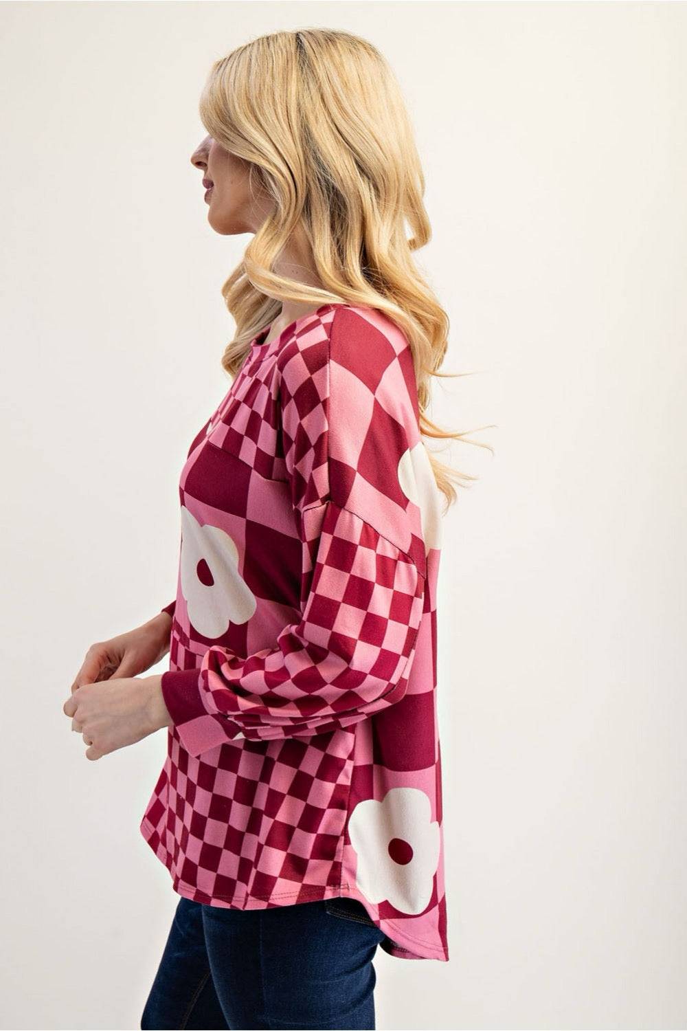 Fuchsia colorblock checkered blouse by Celeste Clothing, stylish shirt with bold pattern, ideal for casual or semi-formal wear.