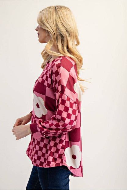 Fuchsia colorblock checkered blouse by Celeste Clothing, stylish shirt with bold pattern, ideal for casual or semi-formal wear.