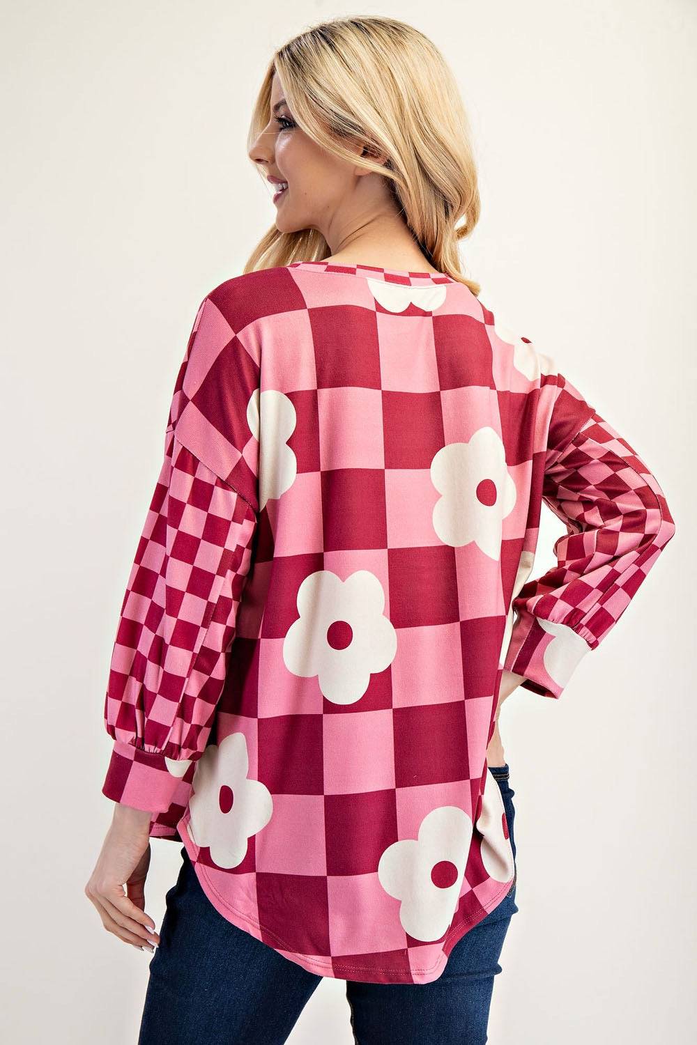 Fuschia colorblock checkered blouse by Celeste Clothing, stylish shirt with vibrant pattern and modern design.
