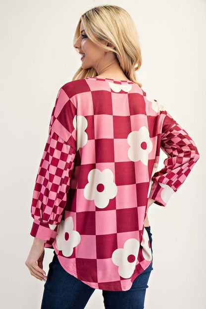 Fuschia colorblock checkered blouse by Celeste Clothing, stylish shirt with vibrant pattern and modern design.