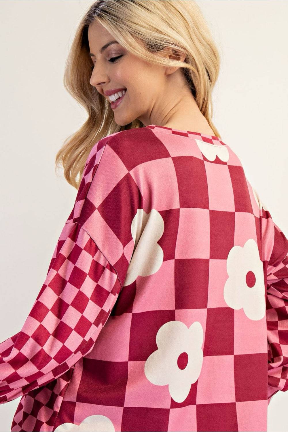 Fuschia colorblock checkered top by Celeste Clothing, stylish shirt with bold pattern and vibrant colors, casual women's blouse.
