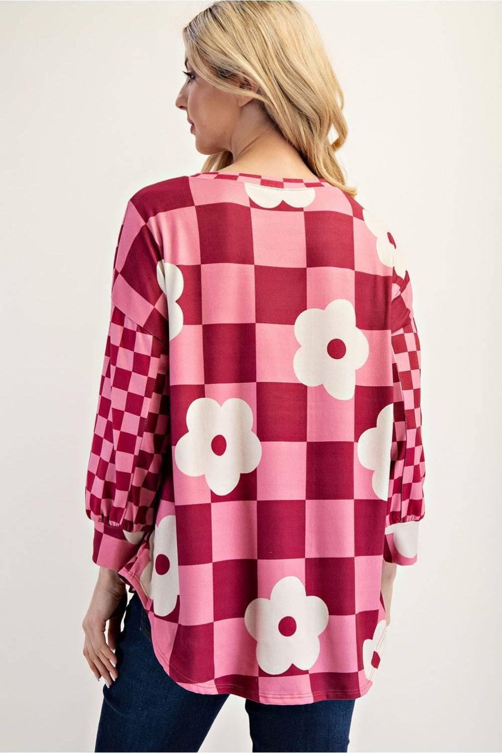 Fuchsia colorblock checkered blouse by Celeste Clothing featuring a stylish shirt design with bold pattern and vibrant colors.