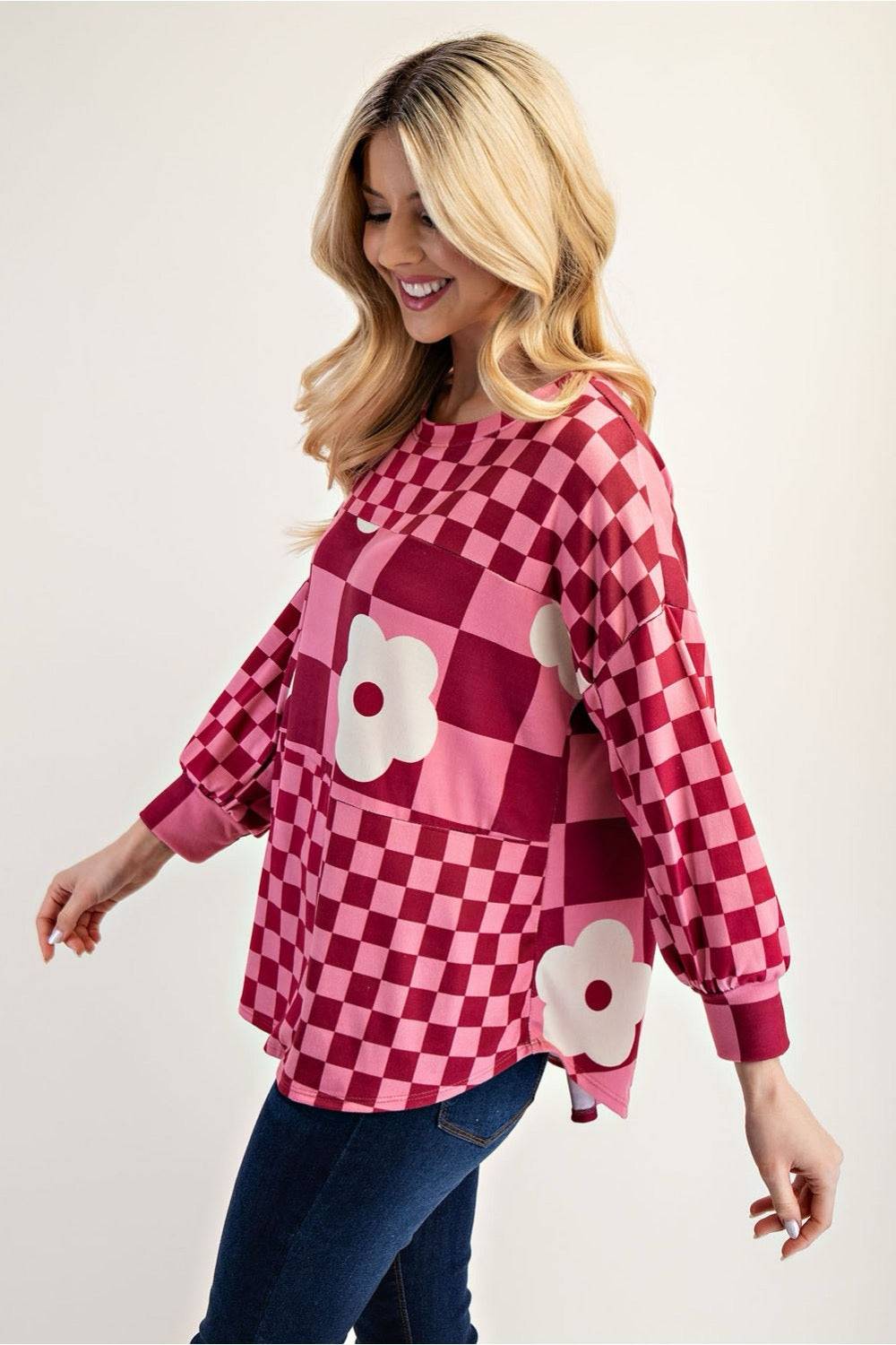 Fuchsia colorblock checkered blouse by Celeste Clothing, stylish shirt with vibrant pattern and modern design.
