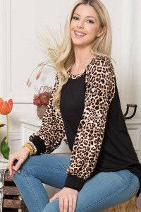Leopard print long sleeve colorblock top by Celeste Clothing, stylish shirts and blouses with bold pattern and vibrant colors.