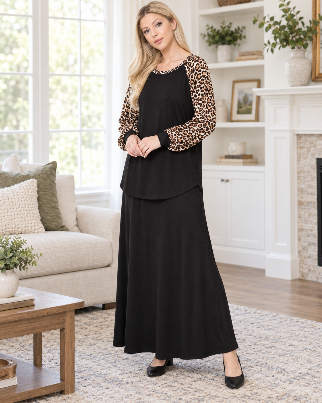 Leopard print long sleeve colorblock top by Celeste Clothing, stylish shirt with bold animal print and contrasting color blocks.