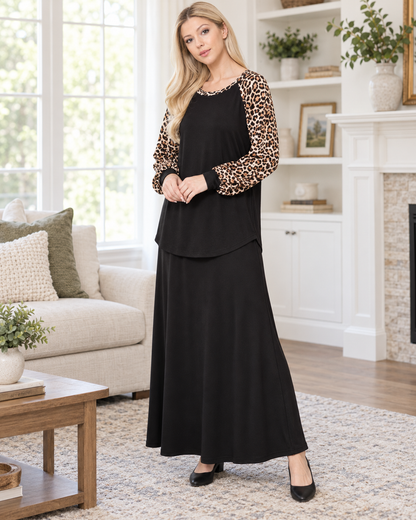 Leopard print long sleeve colorblock top by Celeste Clothing, stylish shirt with bold animal print and contrasting color blocks.
