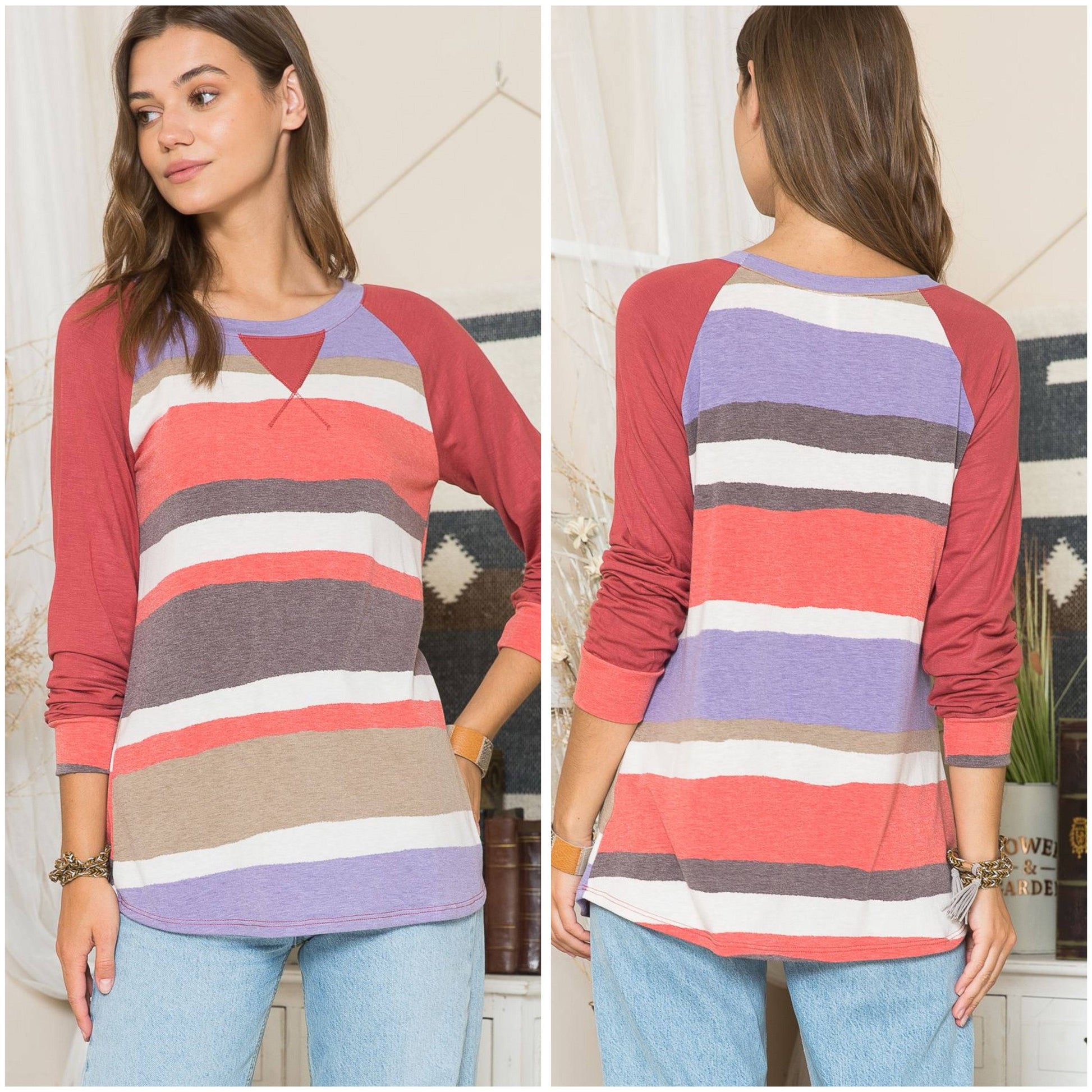 Celeste Clothing stripe contrast raglan long sleeve top, stylish shirt with color-blocked sleeves and casual fit, for everyday wear.