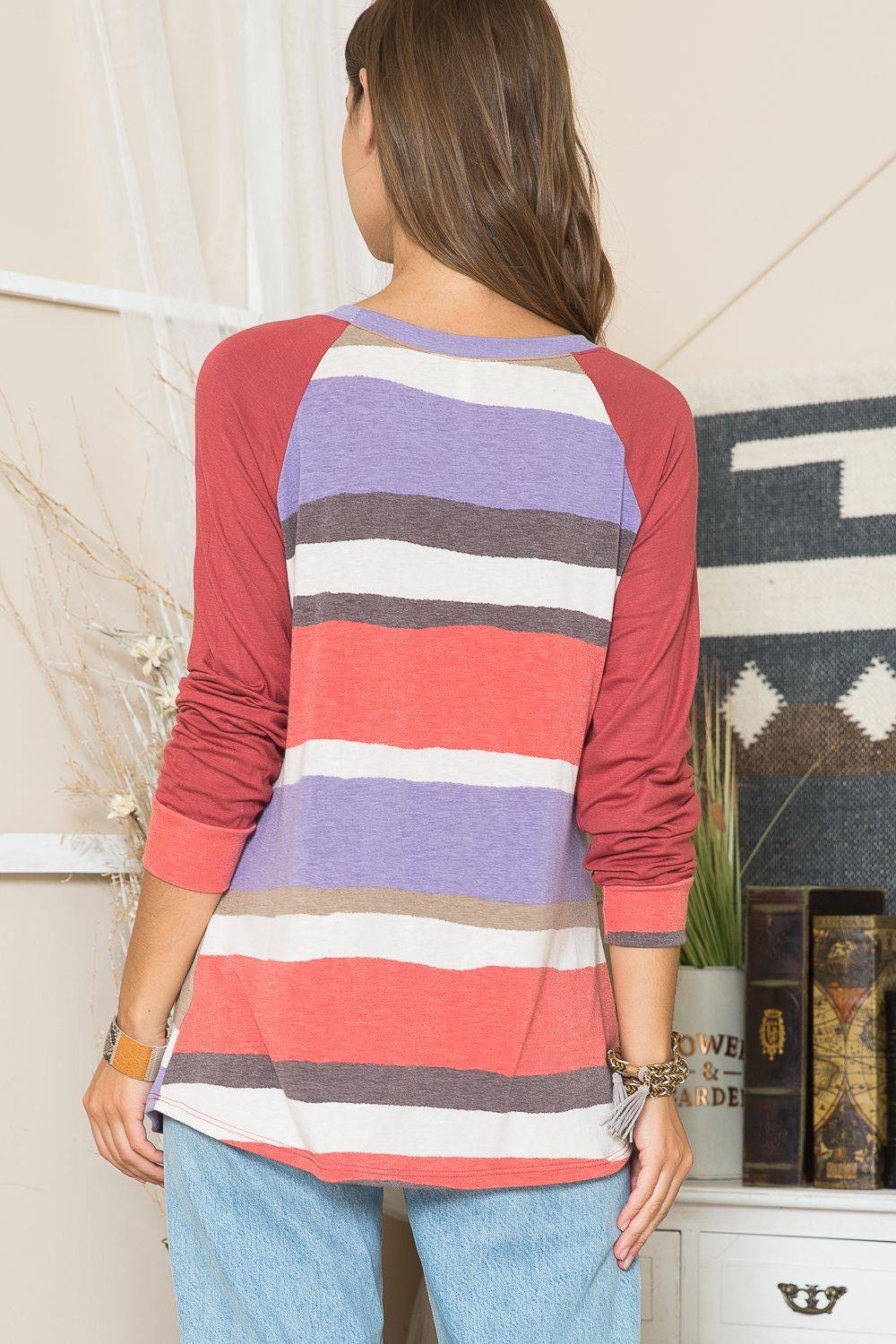 Celeste Clothing stripe contrast raglan long sleeve top, casual shirt with color-blocked sleeves and relaxed fit.