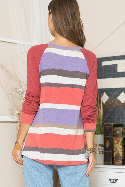 Celeste Clothing stripe contrast raglan long sleeve top, casual shirt with color-blocked sleeves and relaxed fit.