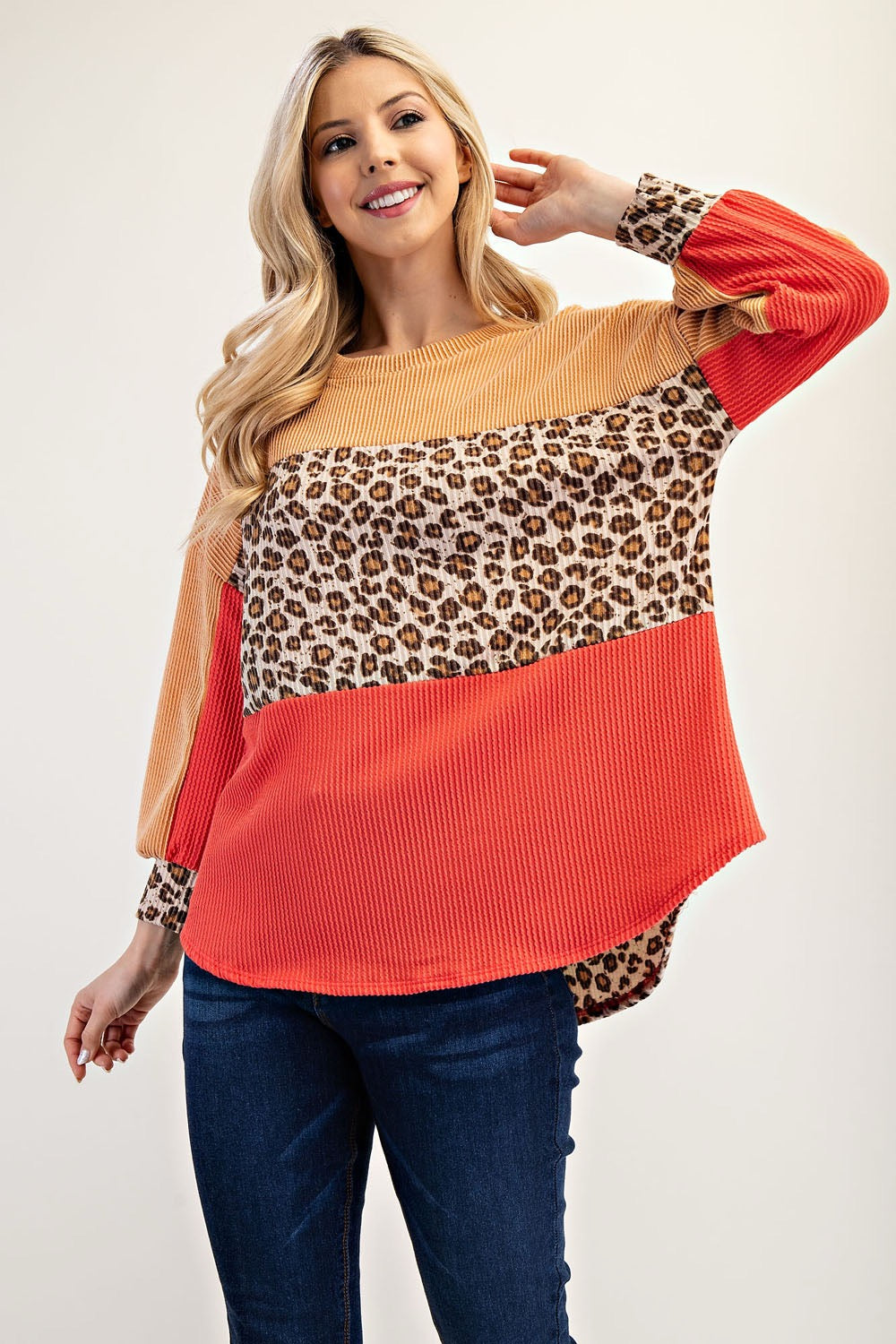 Celeste Clothing Urban Rib Coral and Leopard top, stylish blouse with ribbed fabric and bold animal print design.