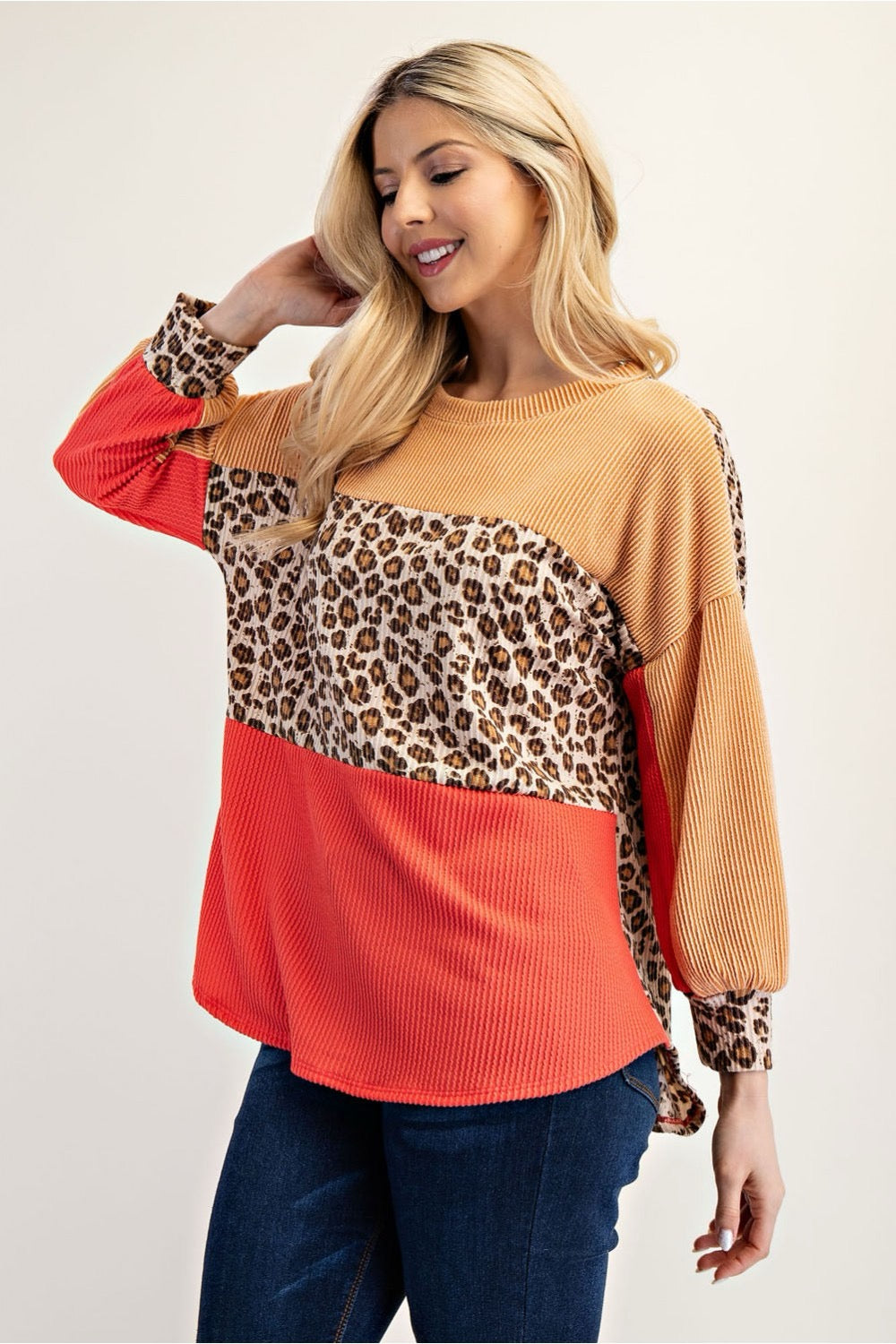 Celeste Coral and Leopard Urban Rib Top, a stylish shirt with coral and leopard print details, designed by Celeste Clothing.