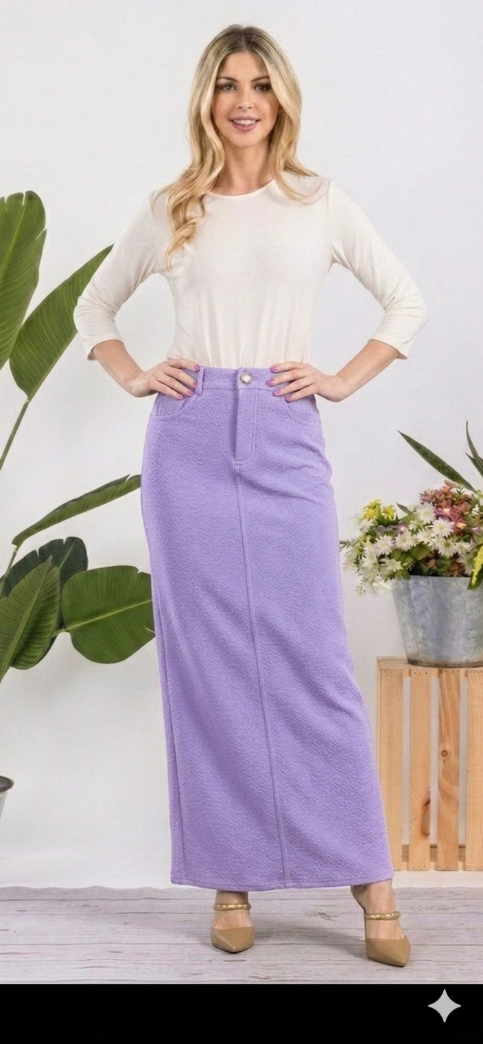 Lavender tailored maxi skirt by Celeste Clothing, comfortable and modest fashion skirt with a sleek, elegant design.