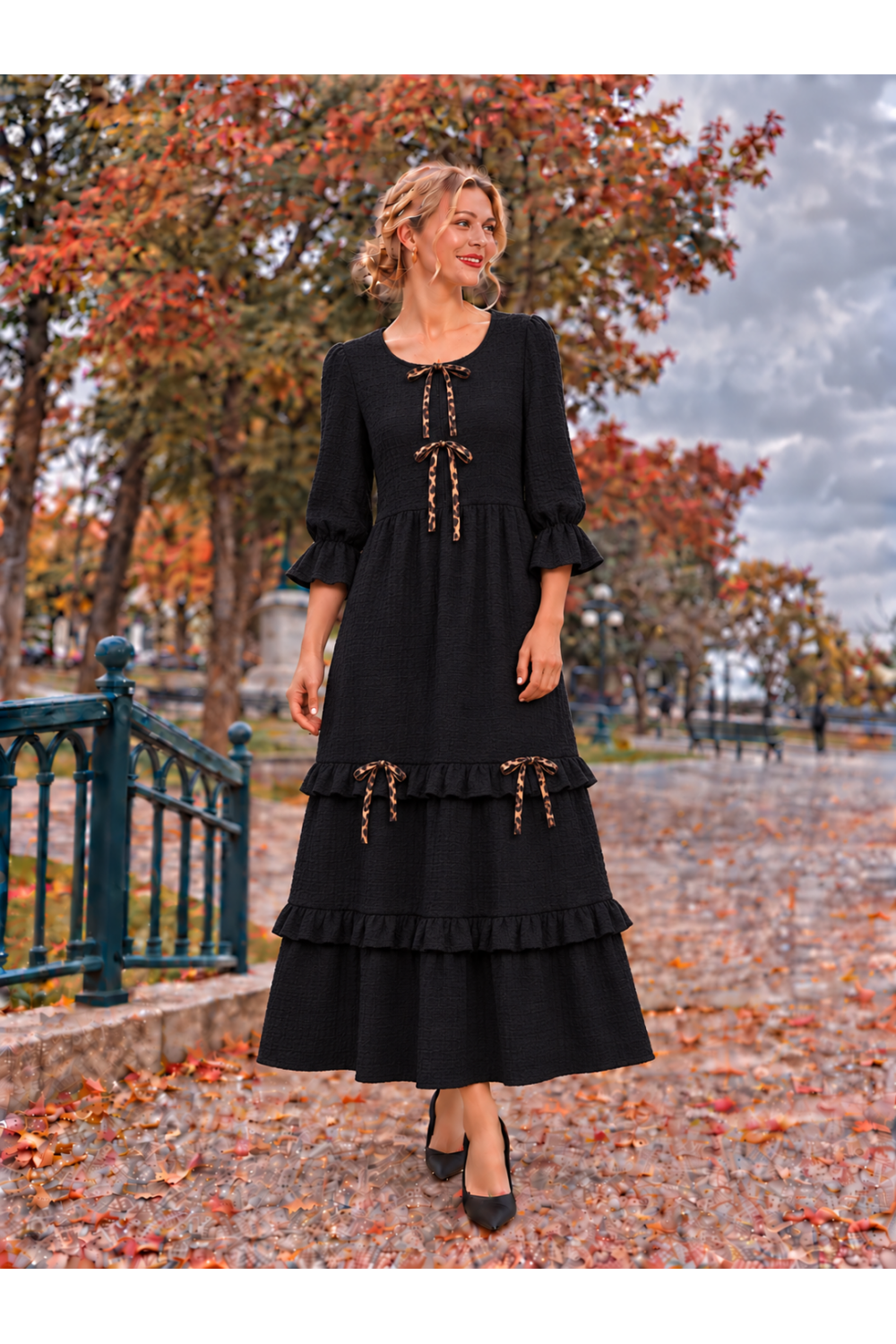 Celeste Black with Leopard Bows three-quarter sleeve tiered maxi dress with ruffle cuffs
