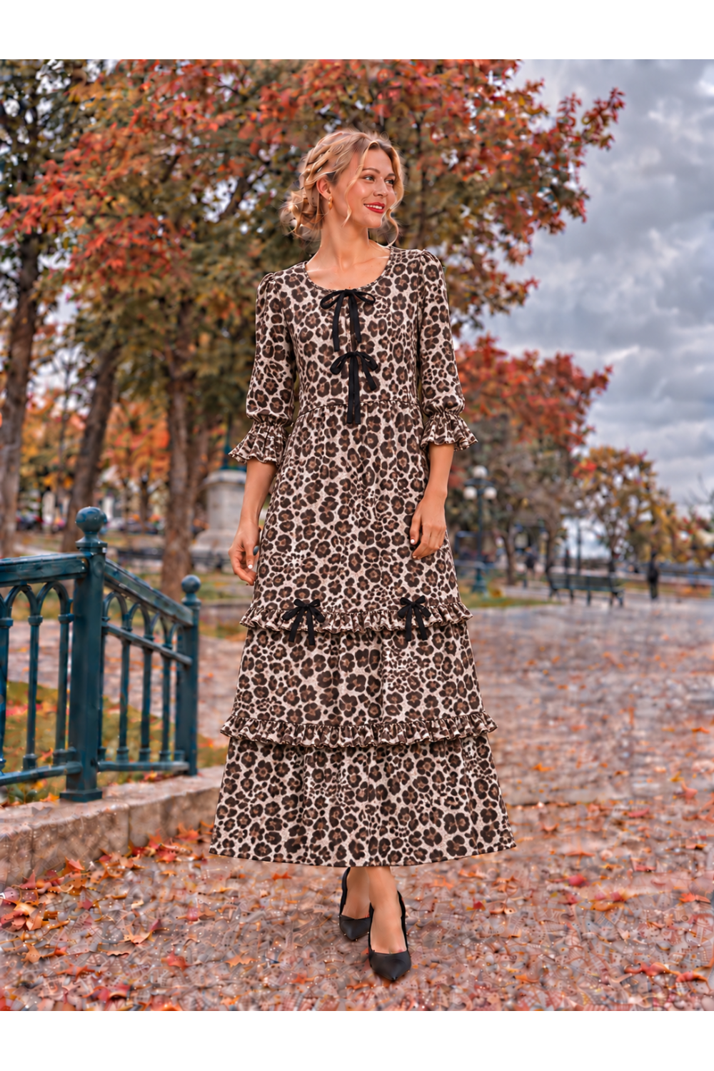 Celeste Leopard with Black Bows three-quarter sleeve tiered maxi dress with ruffle cuffs