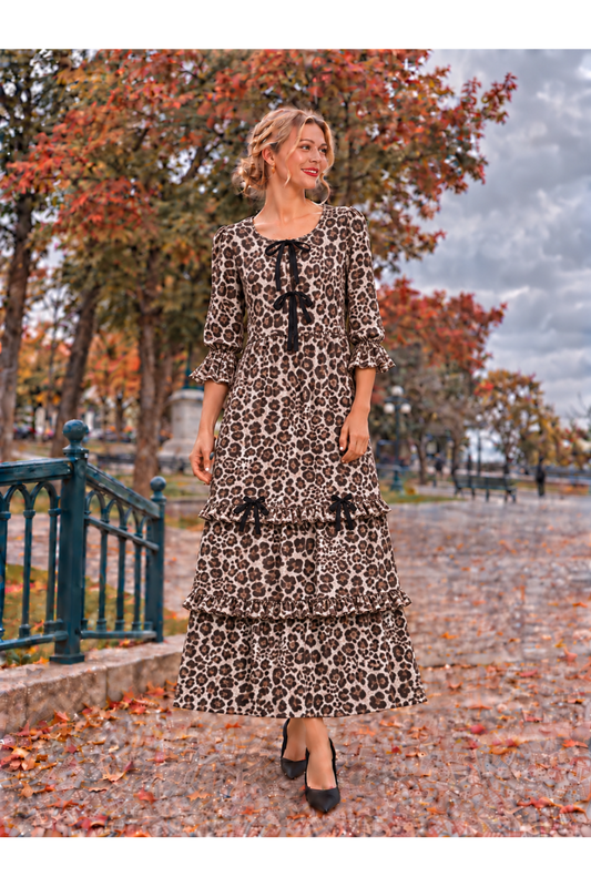 Celeste Leopard with Black Bows three-quarter sleeve tiered maxi dress with ruffle cuffs