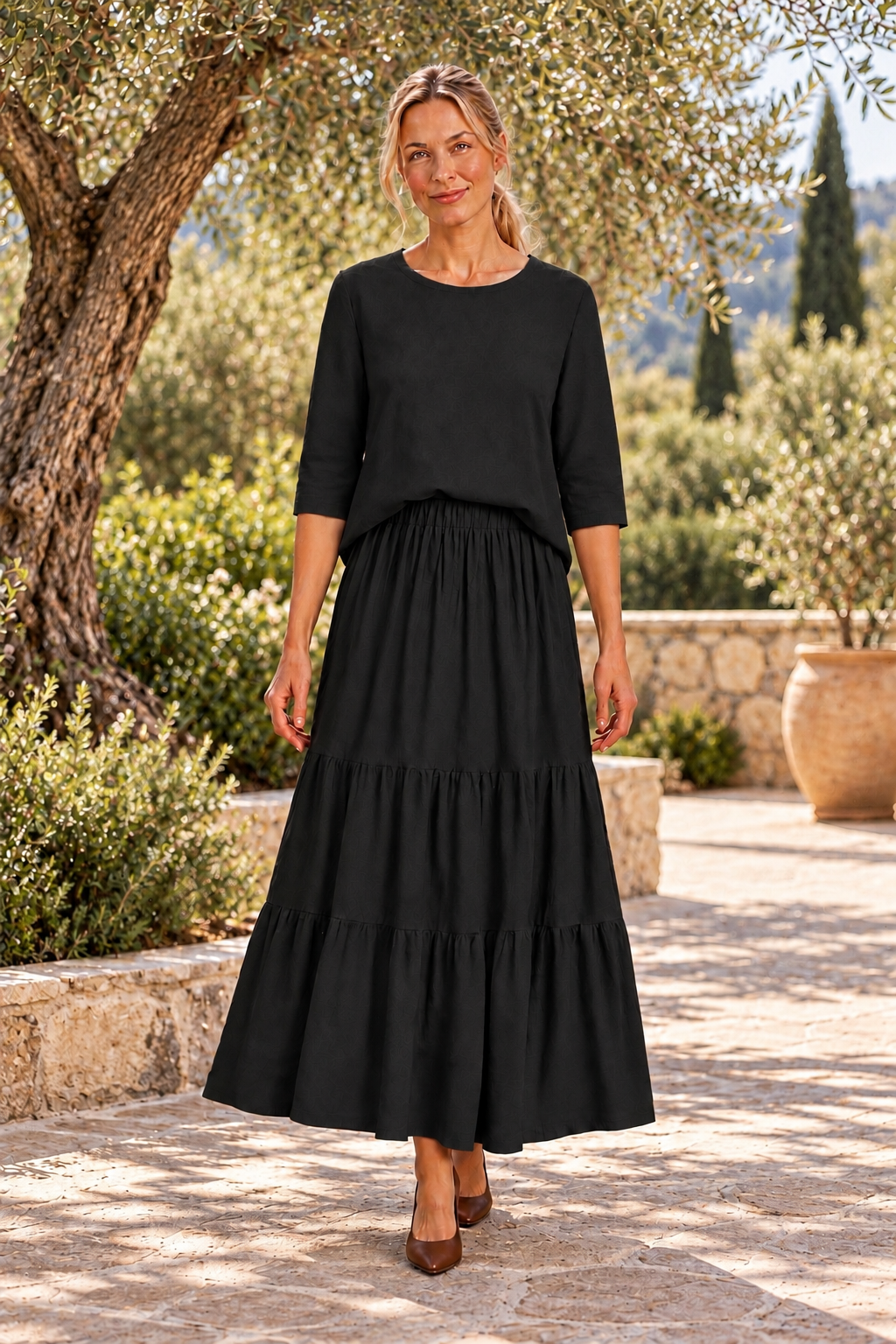 Celeste Black coordinating textured knit top and tiered skirt two-piece set